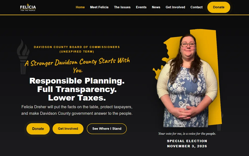 Home page of the Felicia for the People campaign website, with a black and gold hero, a candidate photo, and donate and get involved buttons