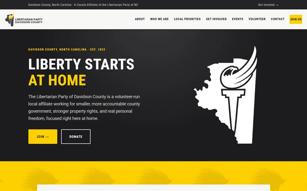 Home page of the Libertarian Party of Davidson County website, with a charcoal hero, a yellow headline, and join and donate buttons