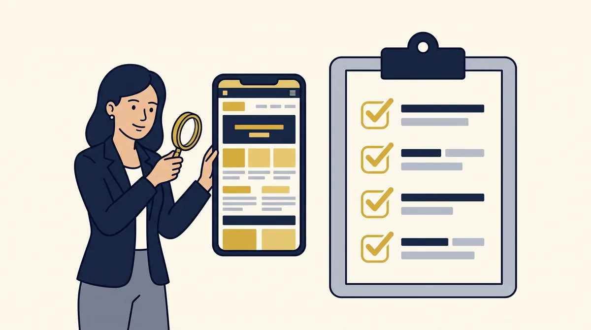 A business owner checks a website on a phone with a magnifying glass beside a four-item checklist, showing how to review your site like a customer
