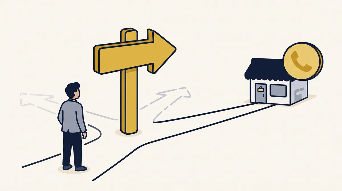 Visitor at a crossroads faces a large gold signpost pointing to a phone and a storefront, showing a clear next step on a website