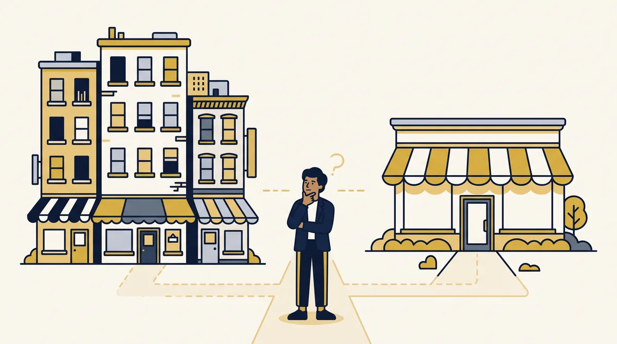 Apartment-style building of small shops beside a standalone shop, comparing shared hosting with having your own hosting space