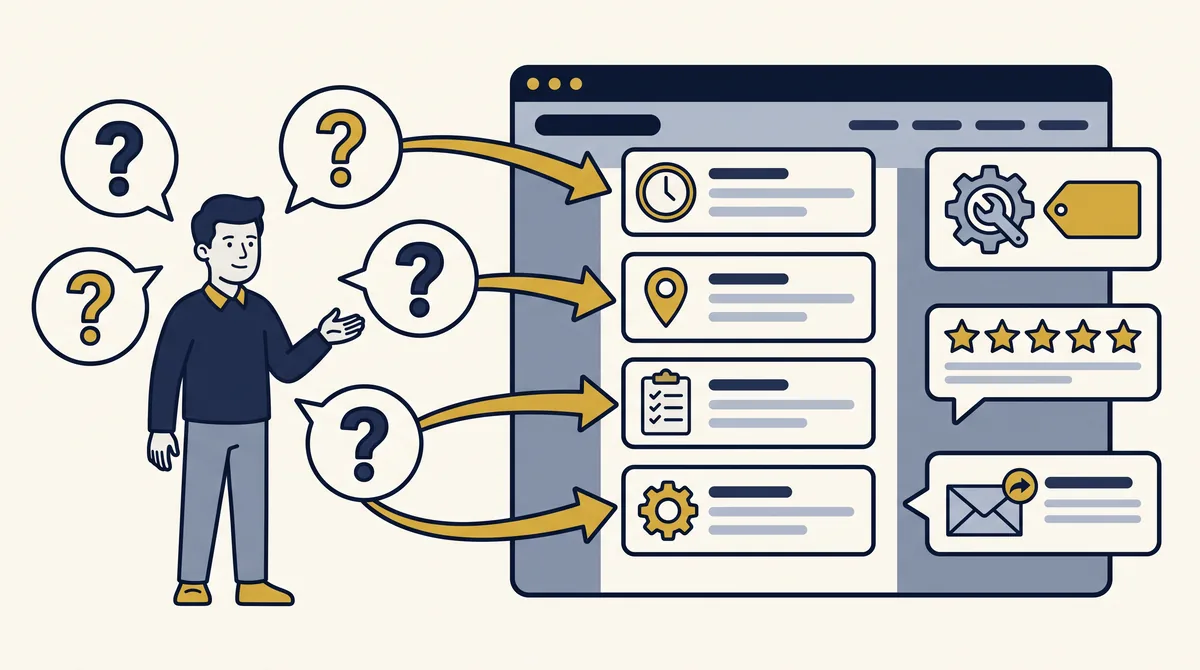 A customer with four question bubbles follows gold arrows to website sections that answer each question with services, location, proof, reviews and next steps